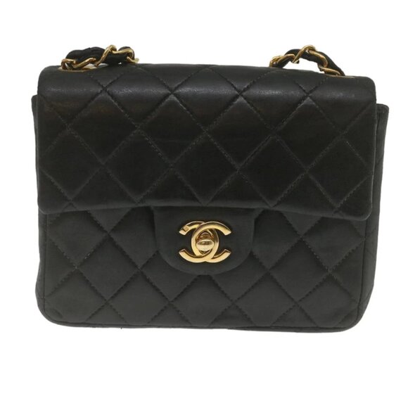 CHANEL Mini Matelasse Chain Flap Shoulder Bag Lamb Skin Black Gold Auth hs689AV - Picture 12 of 16